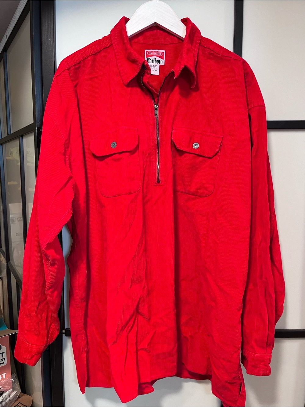 Vintage Marlboro Unlimited Red Corduroy Half Zip Pullover Shirt Size XL
